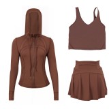 LULU Sports Tennis Skirt with Hooded Jacket and U-Back Tank Top Set for Women, Anti-Exposure Fitness Short Skirt, Two-in-One Design