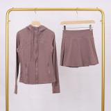 LULU branded hooded jacket and short skirt set, sports tennis skirt for women, anti-exposure fitness two-piece new style