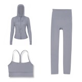 LULU DF Embossed Hooded Jacket, Y-Back Vest, Cropped Pants Three-Piece Set, Starry Gold Zipper Yoga Outfit