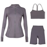 LULU DF stand-up collar jacket, Y-back vest, three-quarter pants, three-piece set with gold zipper, sporty slim-fit yoga wear