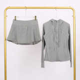 LULU hooded jacket with embossed design, three-pleat skirt set, fitness sports faux two-piece elastic tennis skirt for all seasons