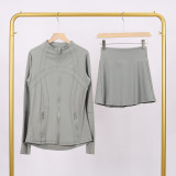 LULU branded stand-up collar jacket and skirt set, sports tennis skirt for women, anti-exposure fitness skirt, two-piece design
