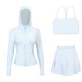 LULU sports tennis skirt with hooded jacket and Y-back tank top set for women, anti-exposure fitness short skirt, slimming effect