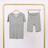 LULU3.0 High-Elasticity Sports Round-Neck Short-Sleeve Five-Pocket Pants Set for Women, Quick-Dry Running Training T-Shirt, Yoga Outfit for Women