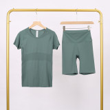 LULU3.0 High-Elasticity Sports Round-Neck Short-Sleeve Five-Pocket Pants Set for Women, Quick-Dry Running Training T-Shirt, Yoga Outfit for Women