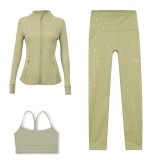 LULU DF Stand Collar Jacket, Y-Back Vest, Nine-Quarter Pants Three-Piece Set, Starry Gold Zipper Slim Fit Yoga Outfit