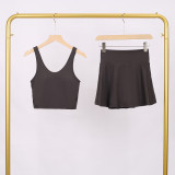 LULU Women's Sports Tennis Skirt Anti-Exposure Fitness U-Back Vest Short Skirt Set Fake Two-Piece Yoga Shorts Fashionable