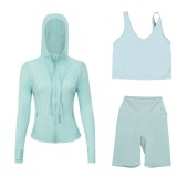LULUDF Embossed Hooded Jacket, U-Shaped Vest, Three-Quarter Pants, Three-Piece Set, Gold Zipper Yoga Outfit, Long Sleeve