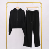 LULU Women's Yoga Outfit: Full-Zip Loose Hoodie, Sweatshirt, Sweatpants Set, Short Style, Fleece-Lined, Japanese and Korean Casual Style