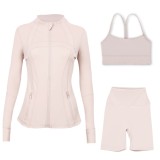 LULU DF stand-up collar jacket, Y-back vest, three-quarter pants, three-piece set with gold zipper, sporty slim-fit yoga wear