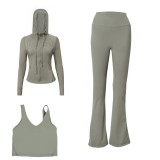 LULU DF hooded jacket, U-shaped vest, bell-bottom pants three-piece set, starry gold zipper slim-fit yoga outfit