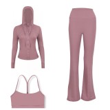 LULU DF Embossed Hooded Jacket, Y-shaped Vest, Bell-bottom Pants Three-piece Set, Starry Gold Zipper Yoga Outfit