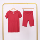 LULU3.0 High-Elasticity Sports Round-Neck Short-Sleeve Five-Pocket Pants Set for Women, Quick-Dry Running Training T-Shirt, Yoga Outfit for Women