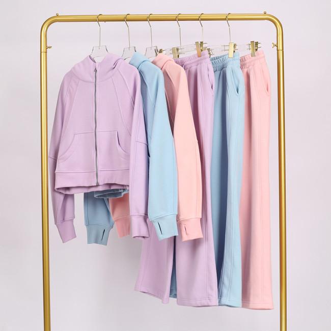 LULU Women's Yoga Outfit: Full-Zip Loose Hoodie, Sweatshirt, Sweatpants Set, Short Style, Fleece-Lined, Japanese and Korean Casual Style