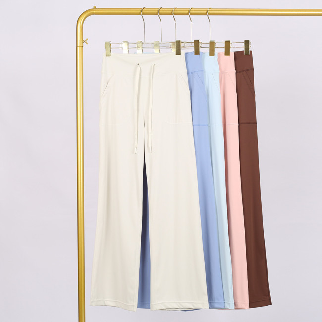 LULU Nude Feel High-Waisted Drawstring Straight Pants for Women, Loose Slimming Long Pants, Yoga Sports Fitness Pants, Casual Versatile