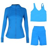 LULU DF stand-up collar jacket, U-shaped vest, three-piece set with cropped pants and gold zipper, slim-fit sports yoga wear