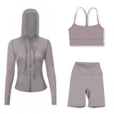 LULU DF hooded jacket, Y-back vest, three-quarter pants three-piece set, starry gold zipper slim-fit yoga outfit