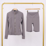 LULU DF Stand Collar Jacket and Shorts Set with Gold Zipper, Slim Fit Quick-Dry Fitness Yoga Outfit for Women