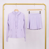 LULU branded hooded jacket and short skirt set, sports tennis skirt for women, anti-exposure fitness two-piece new style