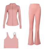 LULU DF stand-up collar jacket, U-shaped vest, bell-bottom pants three-piece set with gold zipper, sports fitness slim-fit yoga wear
