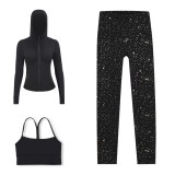 LULU DF Embossed Hooded Jacket, Y-Back Vest, Cropped Pants Three-Piece Set, Starry Gold Zipper Yoga Outfit