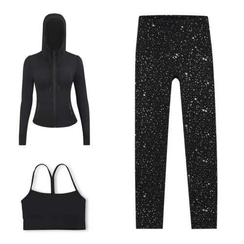 LULU DF Embossed Hooded Jacket, Y-Back Vest, Cropped Pants Three-Piece Set, Starry Gold Zipper Yoga Outfit