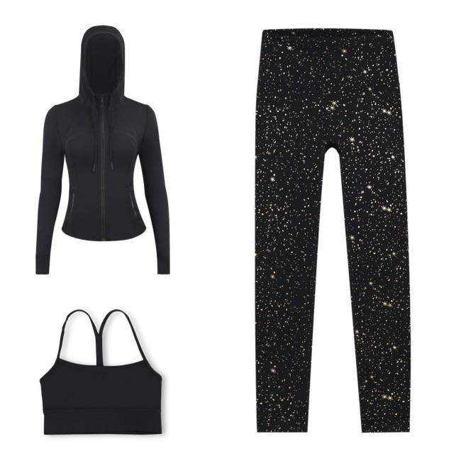 LULU DF Embossed Hooded Jacket, Y-Back Vest, Cropped Pants Three-Piece Set, Starry Gold Zipper Yoga Outfit