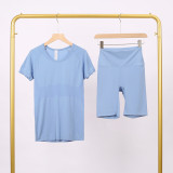 LULU3.0 High-Elasticity Sports Round-Neck Short-Sleeve Five-Pocket Pants Set for Women, Quick-Dry Running Training T-Shirt, Yoga Outfit for Women