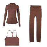 LULU DF Stand Collar Jacket, Y-Back Vest, Nine-Quarter Pants Three-Piece Set, Starry Gold Zipper Slim Fit Yoga Outfit