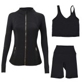 LULU DF stand-up collar jacket, U-shaped vest, three-piece set with cropped pants and gold zipper, slim-fit sports yoga wear