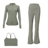 LULU DF Embossed Stand Collar Jacket, Y-shaped Vest, Flared Pants Three-piece Set with Gold Zipper, Sports Fitness Yoga Outfit