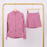 LULU DF Stand Collar Jacket and Skirt Set with Gold Zipper, Slim Fit Jacket, Stretchy Quick-Dry Fitness Yoga Outfit