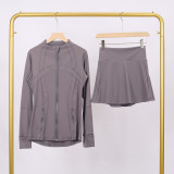 LULU branded stand-up collar jacket and skirt set, sports tennis skirt for women, anti-exposure fitness skirt, two-piece design