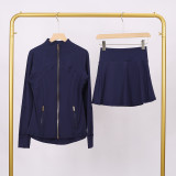 LULU DF Stand Collar Jacket and Skirt Set with Gold Zipper, Slim Fit Jacket, Stretchy Quick-Dry Fitness Yoga Outfit
