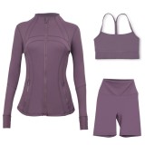 LULU DF stand-up collar jacket, Y-back vest, three-quarter pants, three-piece set with gold zipper, sporty slim-fit yoga wear