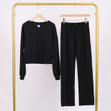 LULU (in stock) short sweatshirt and air-layer sweatpants set, long-sleeved women's round-neck elastic sports yoga outfit