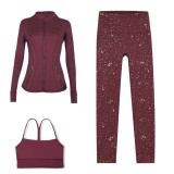 LULU DF Stand Collar Jacket, Y-Back Vest, Nine-Quarter Pants Three-Piece Set, Starry Gold Zipper Slim Fit Yoga Outfit