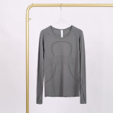 LULU 2.0 with logo）long-sleeve sports yoga T-shirt, round neck, running fitness sweat-wicking tight-fitting top