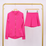 LULU DF Stand Collar Jacket and Skirt Set with Gold Zipper, Slim Fit Jacket, Stretchy Quick-Dry Fitness Yoga Outfit