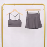 LULU Women's Sports Tennis Skirt Anti-Exposure Fitness Y-Back Vest Short Skirt Set Two-in-One Yoga Shorts
