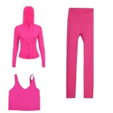 LULU DF hooded jacket, U-shaped vest, cropped pants three-piece set, starry gold zipper slim-fit yoga outfit