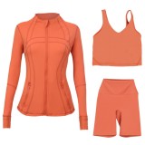 LULU DF stand-up collar jacket, U-shaped vest, three-piece set with cropped pants and gold zipper, slim-fit sports yoga wear