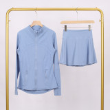 LULU branded stand-up collar jacket and skirt set, sports tennis skirt for women, anti-exposure fitness skirt, two-piece design