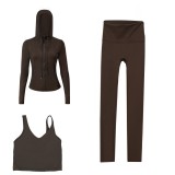 LULU DF hooded jacket, U-shaped vest, cropped pants three-piece set, starry gold zipper slim-fit yoga outfit