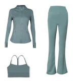 LULU DF Embossed Stand Collar Jacket, Y-shaped Vest, Flared Pants Three-piece Set with Gold Zipper, Sports Fitness Yoga Outfit