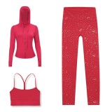 LULU DF Embossed Hooded Jacket, Y-Back Vest, Cropped Pants Three-Piece Set, Starry Gold Zipper Yoga Outfit