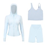 LULUDF Embossed Hooded Jacket, U-Shaped Vest, Three-Quarter Pants, Three-Piece Set, Gold Zipper Yoga Outfit, Long Sleeve