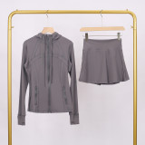 LULU branded hooded jacket and short skirt set, sports tennis skirt for women, anti-exposure fitness two-piece new style