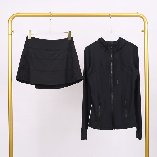 LULU hooded jacket with embossed design, three-pleat skirt set, fitness sports faux two-piece elastic tennis skirt for all seasons