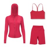 LULU DF hooded jacket, Y-back vest, three-quarter pants three-piece set, starry gold zipper slim-fit yoga outfit